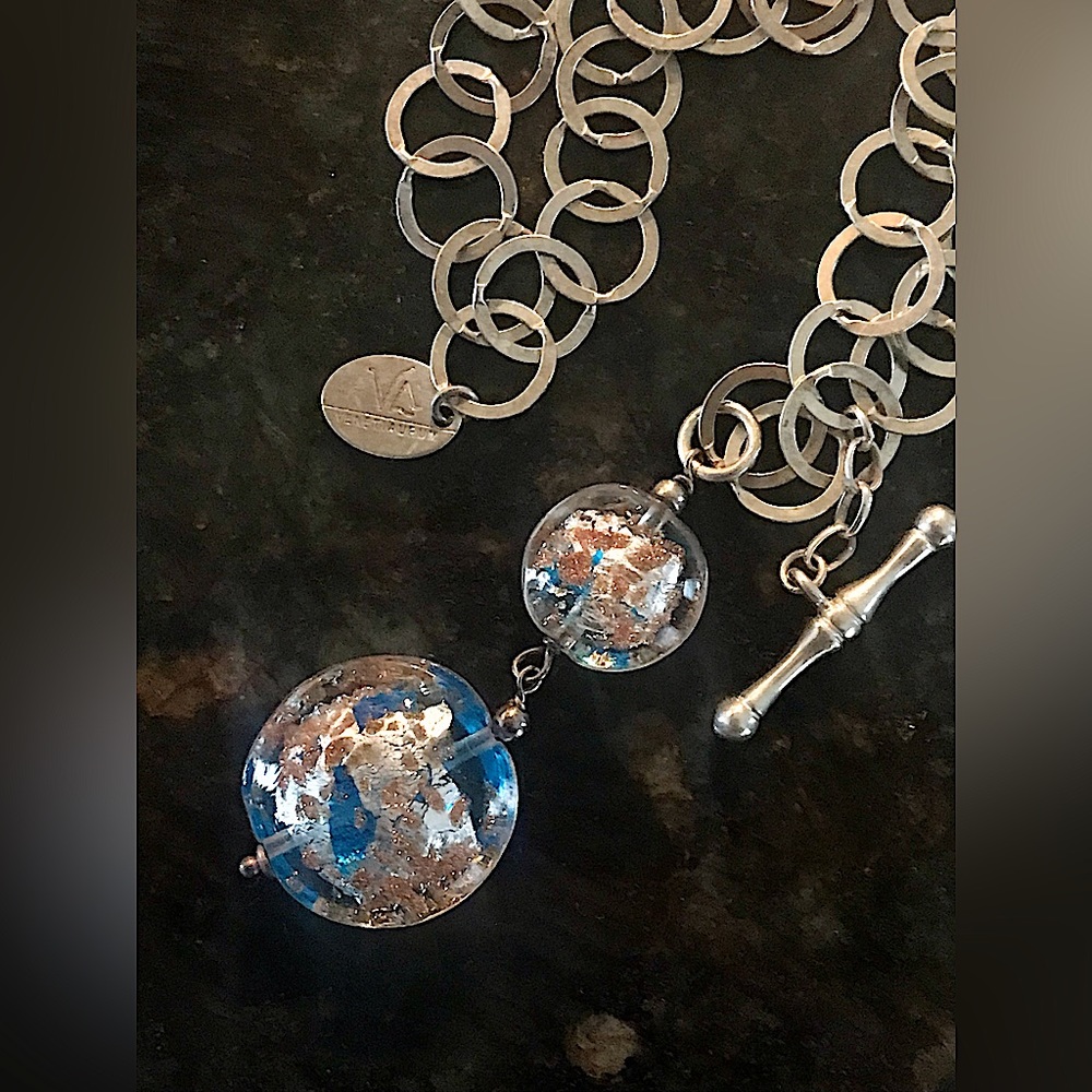 Murano glass beads on silver adjustable toggle necklace, Italian made, lovely!